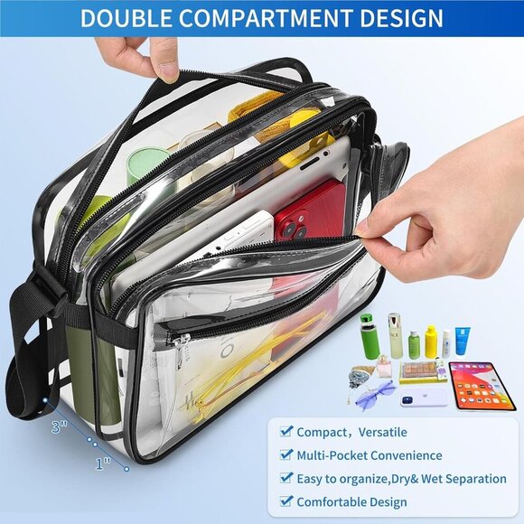 Clear Messenger Bag with 2 Compartments, Clear Crossbody Tote Bag for Stadium Ev - Picture 3 of 6